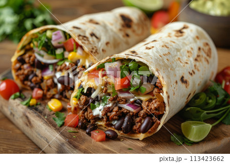 Mexican food - burritos on wood background, menu shot 113423662