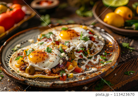 Mexican food - Huevos Rancheros , menu shot 113423670