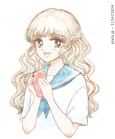 スマートフォンを持つ80年代風少女漫画ヒロインガール 113423834