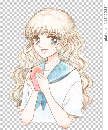 スマートフォンを持つ80年代風少女漫画ヒロインガール 113423834