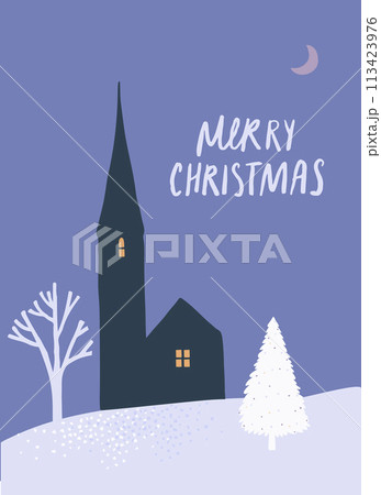 Winter landscape with old church silhouette, Christmas card vector design, night scene Winter landscape with old church silhouette, Christmas card vector design, night scene 113423976