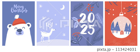 Cute Christmas cards set with animals, 2025 handwritten typography poster, polar bear in santa hat, snow globe decorated trees and house, vector illustrations 113424031