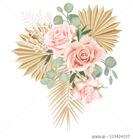 Tropical boho, bohemian bouquet with pink rose, eucalyptus, palm leaves and dry plants. 113424137