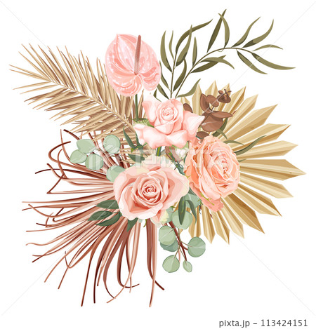Tropical boho, bohemian bouquet with pink rose, anthurium, eucalyptus, palm leaf and dry plants. 113424151