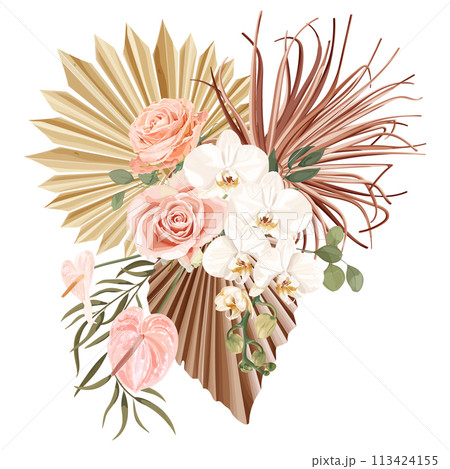 Tropical boho, bohemian bouquet with phalaenopsis orchid flower, pink rose, anthurium, eucalyptus, palm leaf. 113424155