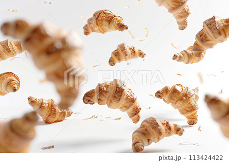 fresh and crunchy croissants are flying isolated on white background. Ai generative 113424422