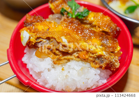 アウトドアで食べるカツ丼 113424668