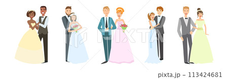 Wedding Couple of Bride and Groom Stand Together Happy Smiling Vector Set Wedding Couple of Bride and Groom Stand Together Happy Smiling Vector Set 113424681