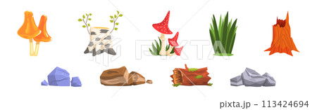Forest Element and Outdoor Environment Object with Tree Stump, Stone, Log and Mushroom Vector Set 113424694