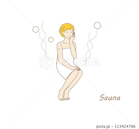 サウナから水風呂の後、休憩スペースへ移動し、外気に当たりながら体を冷ましている可愛い女性 ととのう 113424786