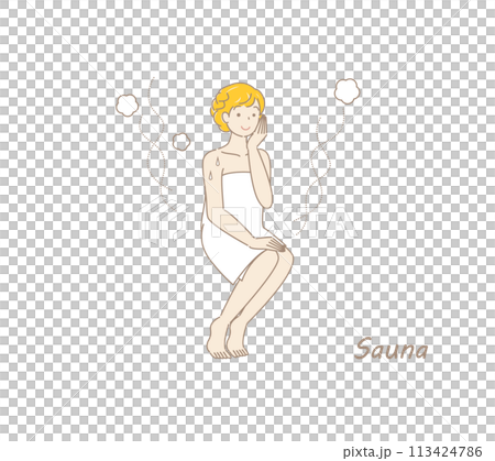 サウナから水風呂の後、休憩スペースへ移動し、外気に当たりながら体を冷ましている可愛い女性 ととのう 113424786