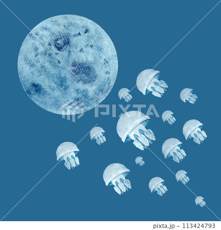Moon and jellyfish hand-drawn blue watercolor monochromatic composition on blue Moon and jellyfish hand-drawn blue watercolor monochromatic composition on blue 113424793
