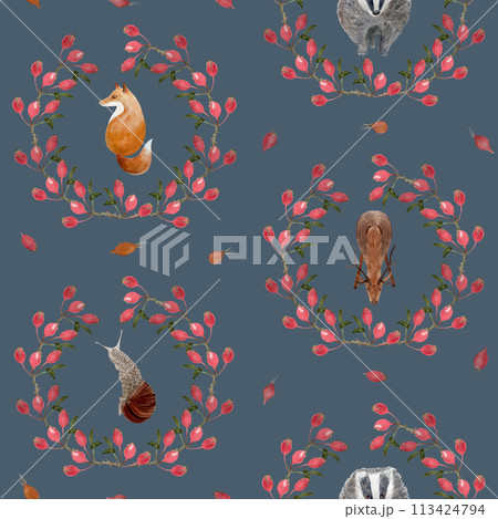 Stag, fox, badger, snail rose-hip wreath watercolor seamless pattern on grey Stag, fox, badger, snail rose-hip wreath watercolor seamless pattern on grey 113424794