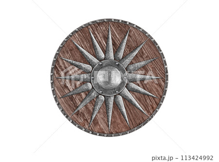Old decorated wooden round shield isolated on white background 113424992