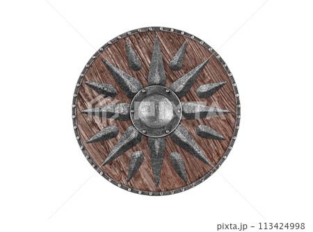 Old decorated wooden round shield isolated on white background 113424998