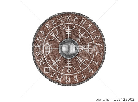 Old wooden round shield decorated with runes isolated on white background 113425002