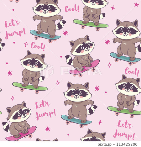 Seamless pattern with cute raccoons on skateboards. Vector graphics. Seamless pattern with cute raccoons on skateboards. Vector graphics. 113425200