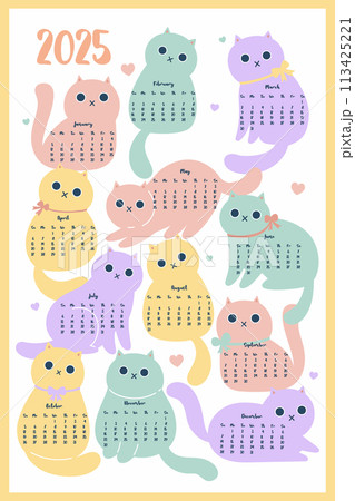 One page 2025 calendar with cute cats. Vector graphics One page 2025 calendar with cute cats. Vector graphics 113425221
