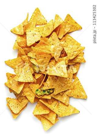 Traditional tortilla nacho chips isolated on white background. Ai generative 113425302
