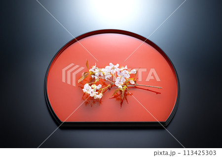 赤い半月盆と桜の花 113425303
