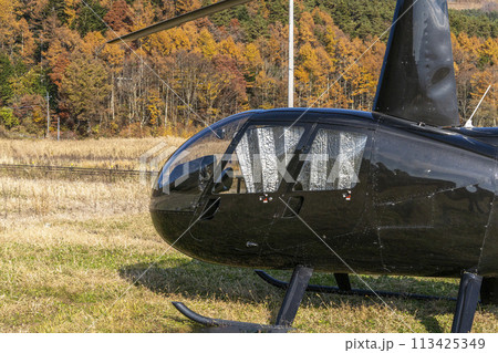 紅葉の草原に止まるヘリコプター・ロビンソンR44・忍野村 113425349