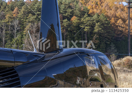 紅葉の草原に止まるヘリコプター・ロビンソンR44・忍野村 113425350