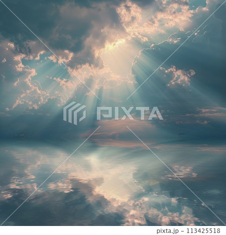 View of sunset on blue sky with clouds. Nature beauty concept. 113425518