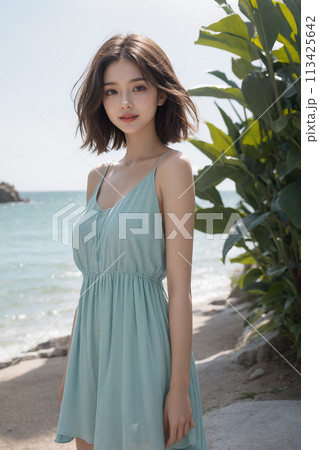 強い日差しの浜辺の美しい女性 113425642