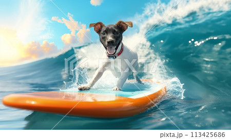 Purebred happy dog standing on yellow surfboard with tongue sticking out, surfing on wave in the ocean. Purebred happy dog standing on yellow surfboard with tongue sticking out, surfing on wave in the ocean. 113425686