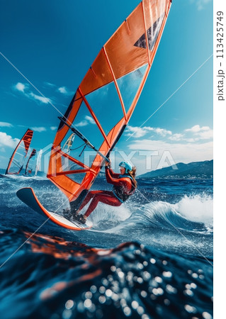 Windsurfer in action, young woman riding waves, with a vibrant orange sail against clear sunny blue sky. 113425749