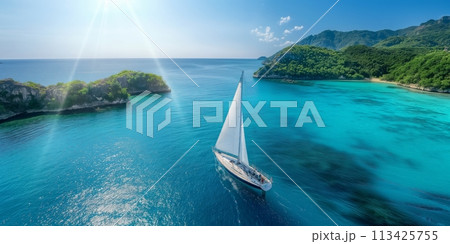 Aerial view photo of beautiful sailboat sailing in tropical exotic bay with clear blue sea. Green islands around. Sunny day 113425755
