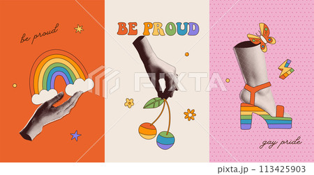 Set of posters for Pride Month. Halftone collage with images of rainbow, clouds cherry and hippie sandals. Collage with cut out paper elements for decoration of LGBT events, covers, ads, cards. Vector 113425903