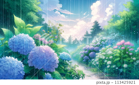 紫陽花のある梅雨の風景イラスト 113425921