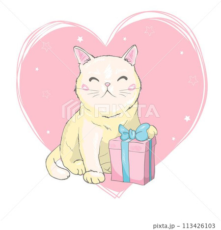 Vector hand drawn cute cat's face saying Hello. Isolated illustration with lettering on white background 113426103