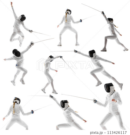 Collage. Woman, fencer athlete in fencing costume and mask practicing with rapier isolated on white background. 113426117