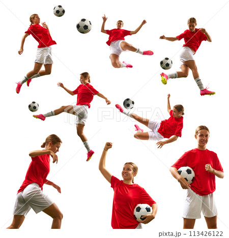 Collage. Young female football, soccer player in red uniform in motion with ball during game isolated on white background. 113426122
