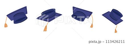 Four cute hand drawn graduation caps in the air. 113426211