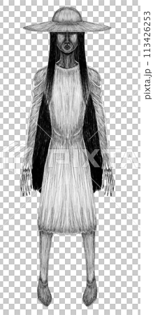 白黒の不気味なワンピースを着た女性 白黒の不気味なワンピースを着た女性 113426253