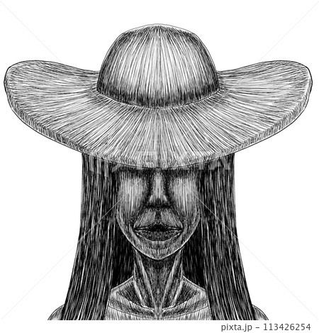白黒の不気味な帽子をかぶった女性 白黒の不気味な帽子をかぶった女性 113426254