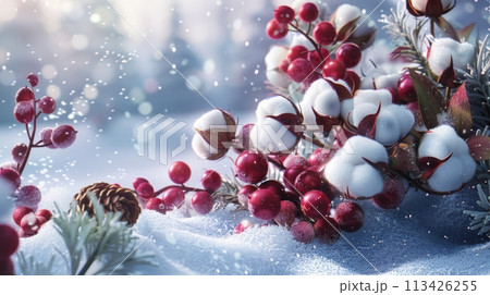 Winter-Themed Flyer with Cotton, Cranberries, and Pinecones, AI Created 113426255