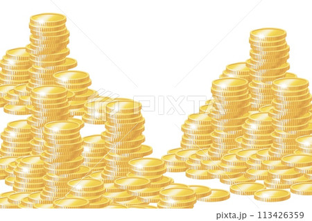 お金　コイン　ゴールド　硬貨　積まれたゴールドコイン　大金 113426359