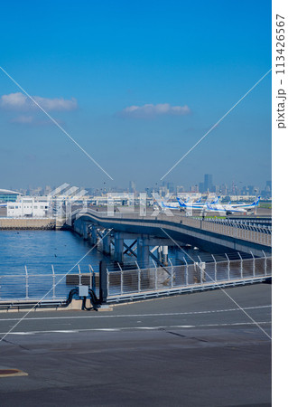 空港　飛行機　羽田空港　エンジン　午前　明るい　管制塔　ターミナル　D滑走路 113426567