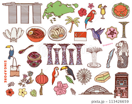 シンガポールの手書きイラスト(東南アジア、旅行、文化、観光) シンガポールの手書きイラスト(東南アジア、旅行、文化、観光) 113426659