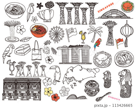 シンガポールの手書きイラスト(東南アジア、旅行、文化、観光) シンガポールの手書きイラスト(東南アジア、旅行、文化、観光) 113426665