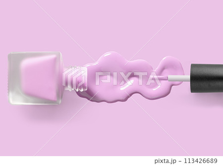 Pink nail polish and brush on purple background 113426689