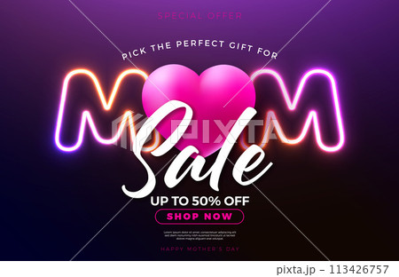 Mother's Day Sale Banner Design with Heart and Glowing Neon Light Lettering on Purple Background. Vector Seasonal Discount Offer Illustration with Typography for Voucher, Online Ads, Flyer, Invitation Mother's Day Sale Banner Design with Heart and Glowing Neon Light Lettering on Purple Background. Vector Seasonal Discount Offer Illustration with Typography for Voucher, Online Ads, Flyer, Invitation 113426757