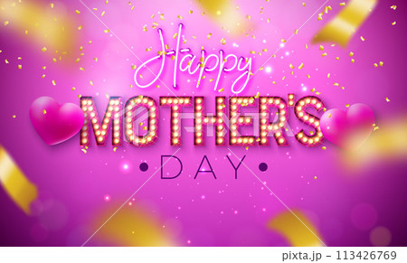 Happy Mother's Day Greeting Card Design with Heart, Glowing Neon Light Lettering and Falling Confetti on Violet Background. Vector Mother Day Celebration Illustration with Symbol of Love for Postcard Happy Mother's Day Greeting Card Design with Heart, Glowing Neon Light Lettering and Falling Confetti on Violet Background. Vector Mother Day Celebration Illustration with Symbol of Love for Postcard 113426769