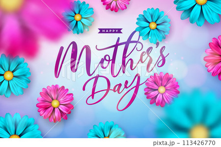 Happy Mother's Day Postcard Illustration with Spring Flower and Typography Letter on Blue Background. Mother Day Vector Celebration Design for Banner, Greeting Card, Flyer, Invitation, Brochure Happy Mother's Day Postcard Illustration with Spring Flower and Typography Letter on Blue Background. Mother Day Vector Celebration Design for Banner, Greeting Card, Flyer, Invitation, Brochure 113426770