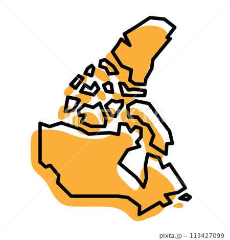 Canada country simplified map. Orange silhouette with thick black sharp contour outline isolated on white background. Simple vector icon Canada country simplified map. Orange silhouette with thick black sharp contour outline isolated on white background. Simple vector icon 113427099