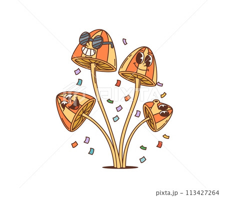 Cartoon retro mushroom groovy character as hippie of 70s, vector funky art. Happy groovy mushrooms toadstool in sunglasses with smiling faces, 70s hippie or hipster silly cartoon characters 113427264